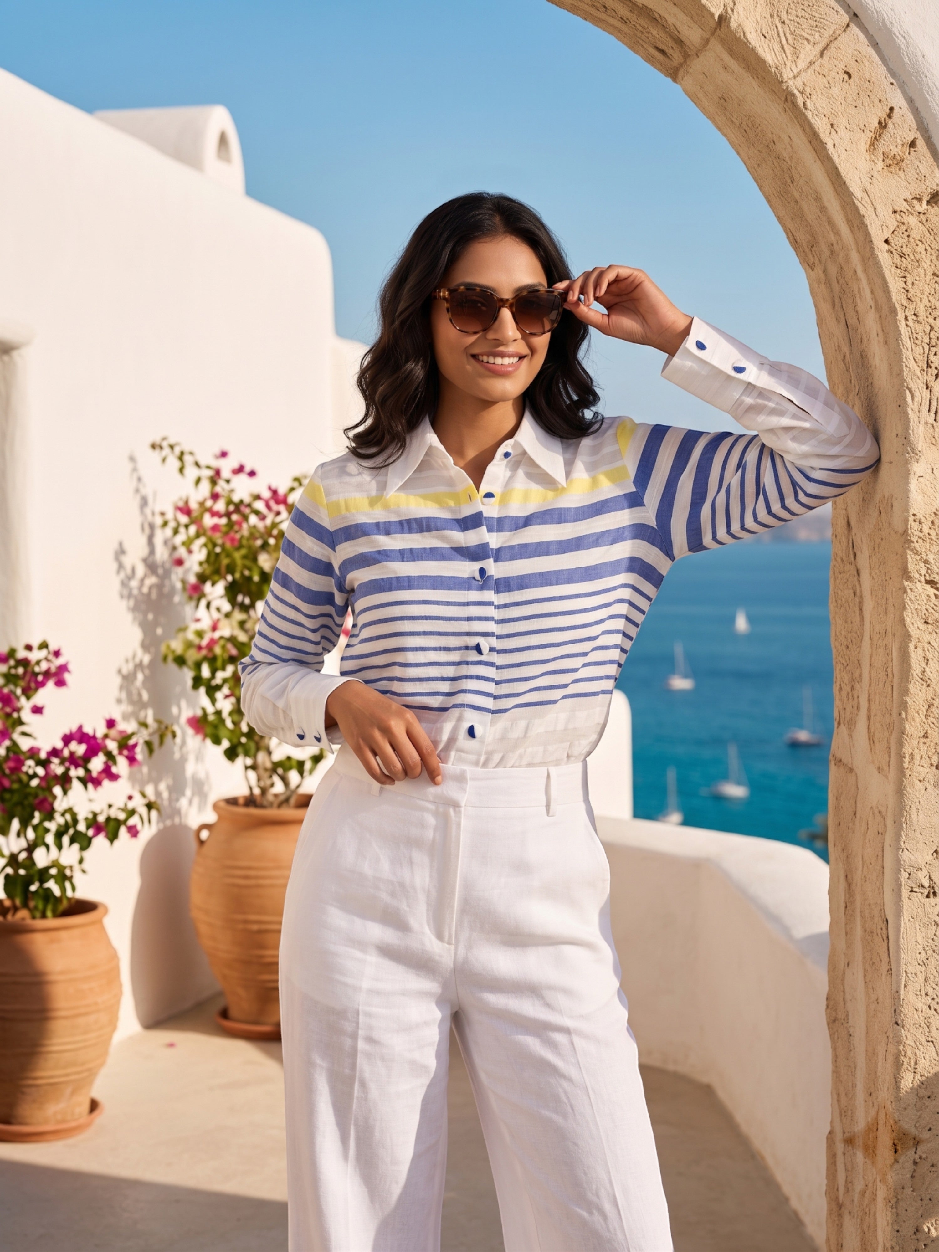 firstlayer-women-Blue with yellow striped-premium-light weighted-cotton-white-shirt