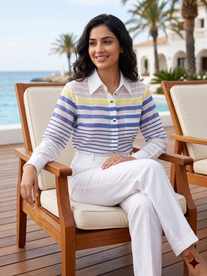 firstlayer-women-Blue with yellow striped-premium-light weighted-cotton-white-shirt