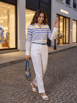 firstlayer-women-Blue with yellow striped-premium-light weighted-cotton-white-shirt
